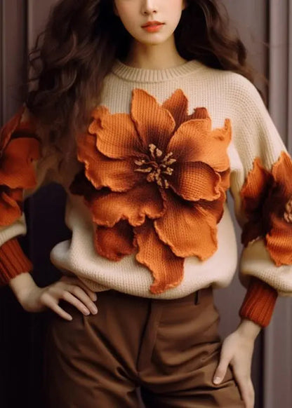 Elegant Apricot Floral  Cozy Knit Sweaters Fall Ada Fashion