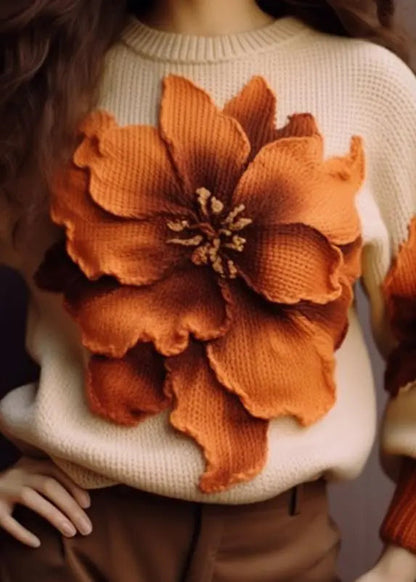 Elegant Apricot Floral  Cozy Knit Sweaters Fall Ada Fashion