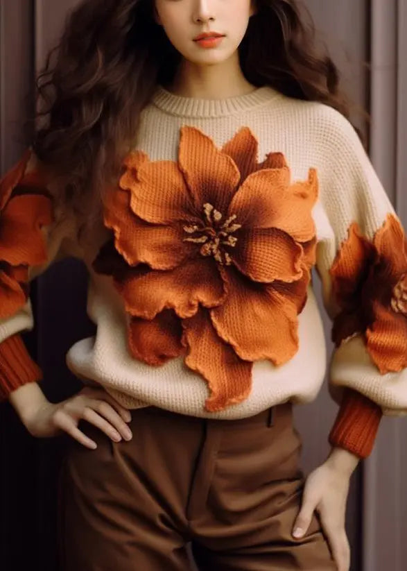 Elegant Apricot Floral  Cozy Knit Sweaters Fall Ada Fashion