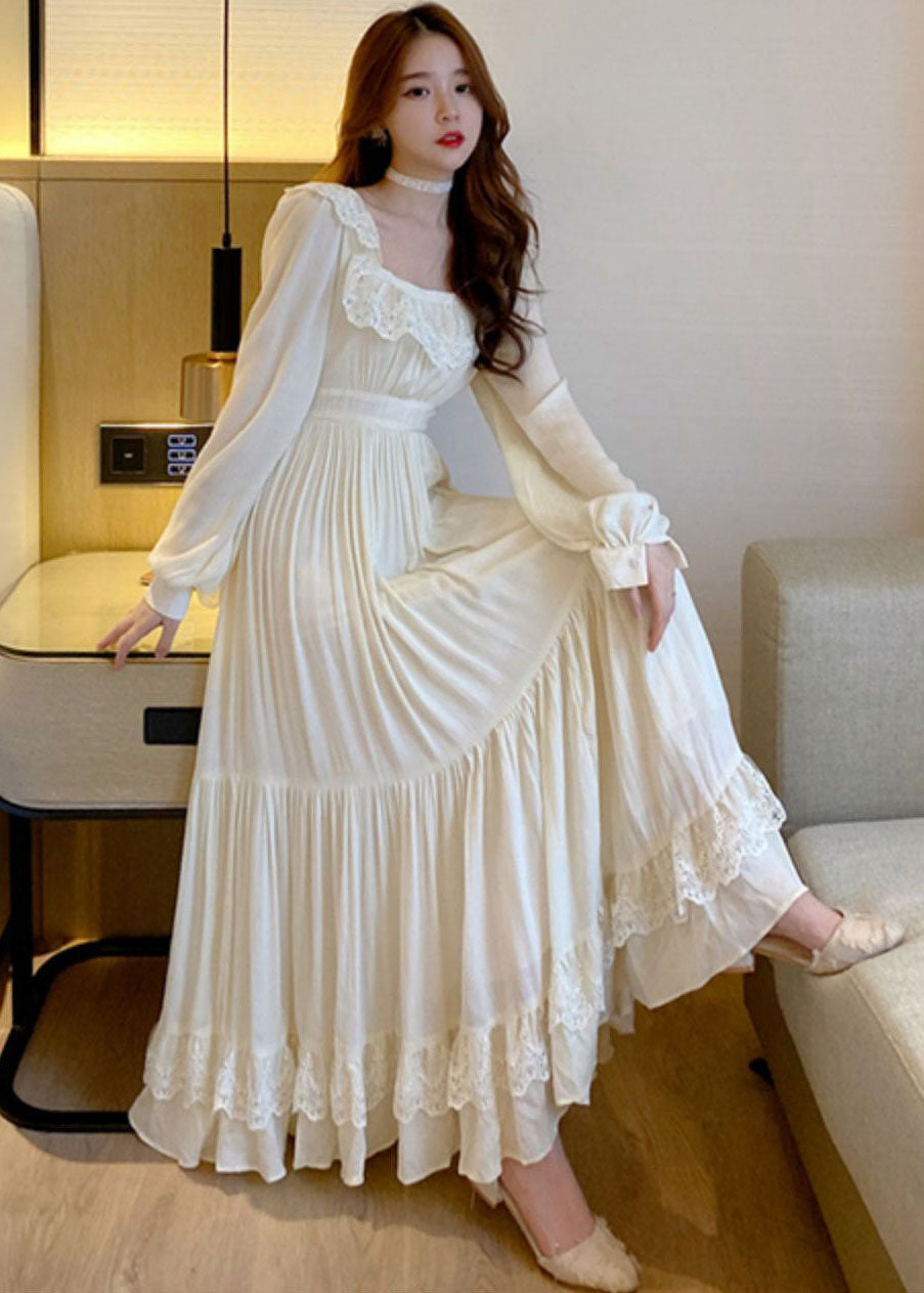 Elegant Apricot Lace Patchwork Exra Large Hem Holiday Dress Summer Ada Fashion