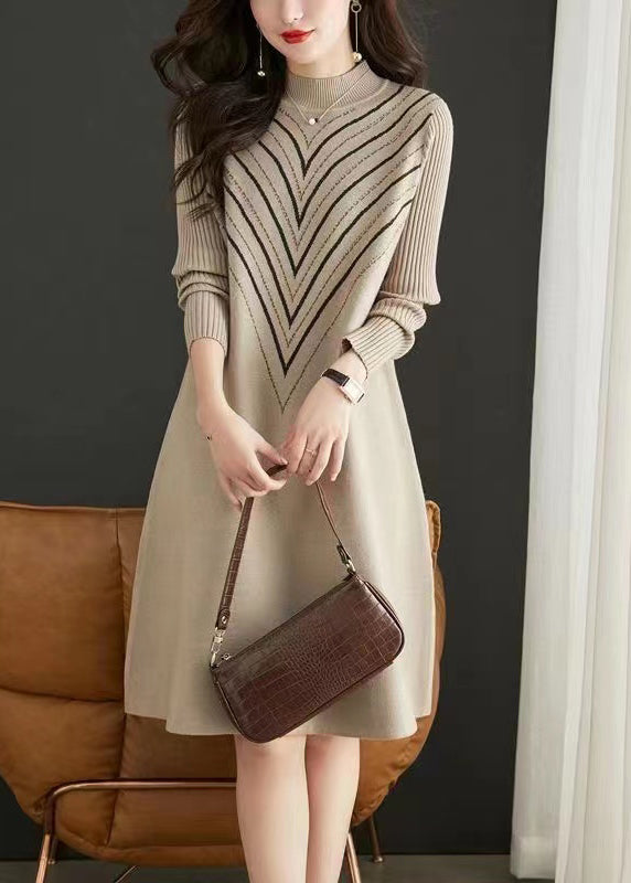 Elegant Apricot O Neck Print Zircon Patchwork Knit Dress Fall Ada Fashion