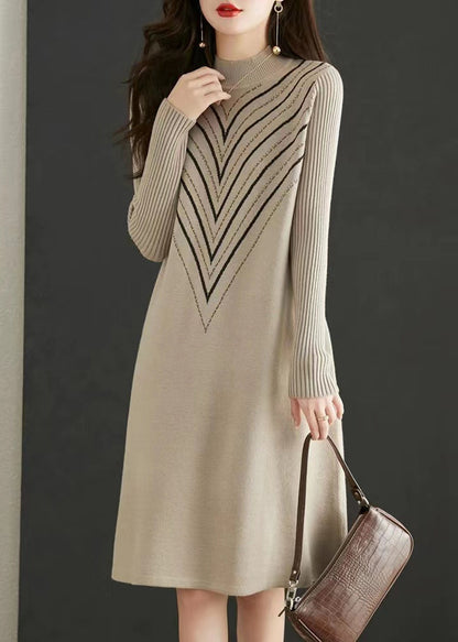 Elegant Apricot O Neck Print Zircon Patchwork Knit Dress Fall Ada Fashion