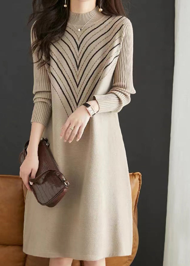 Elegant Apricot O Neck Print Zircon Patchwork Knit Dress Fall Ada Fashion