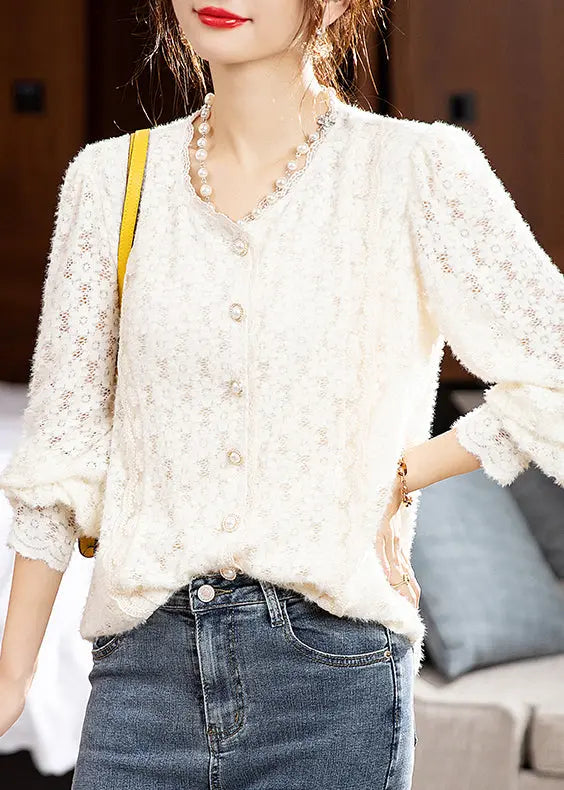 Elegant Apricot V Neck Button Patchwork Lace Top Fall Ada Fashion