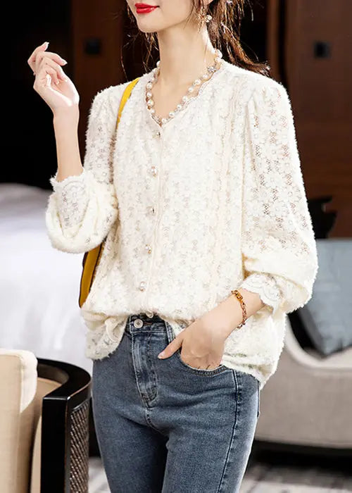 Elegant Apricot V Neck Button Patchwork Lace Top Fall Ada Fashion