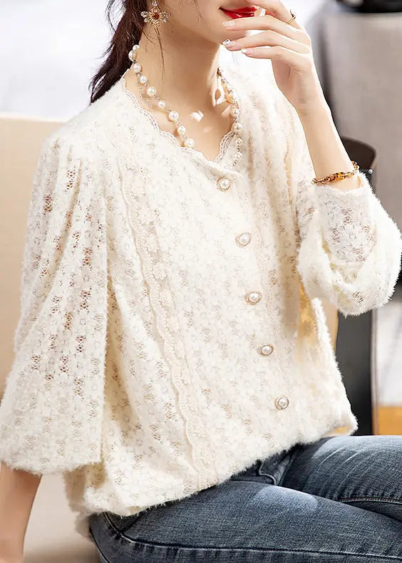 Elegant Apricot V Neck Button Patchwork Lace Top Fall Ada Fashion