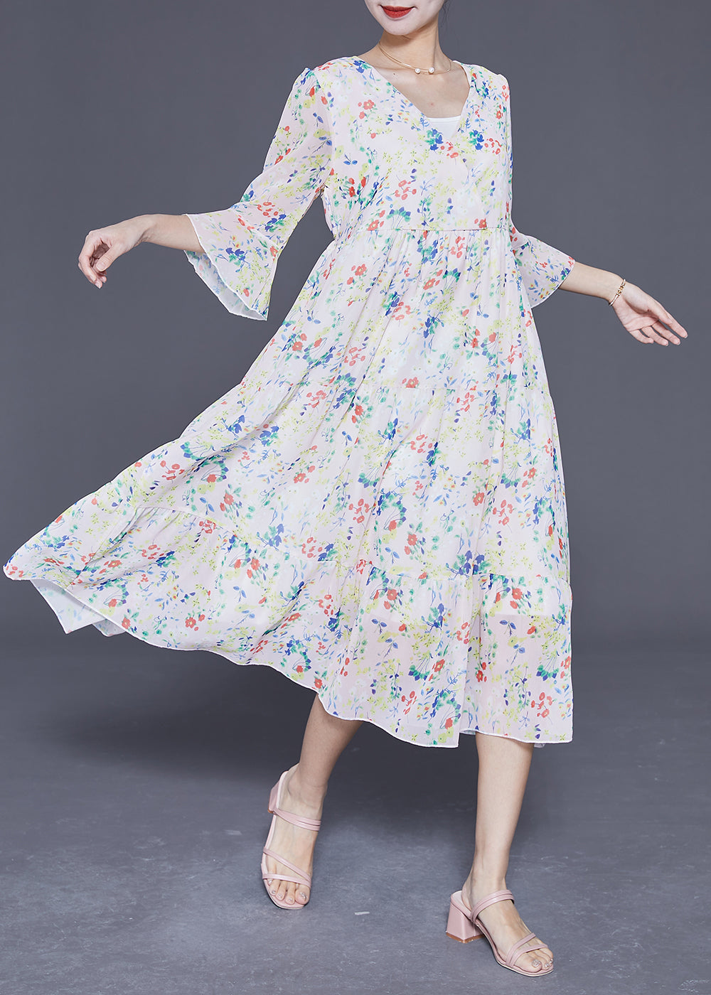 Elegant Apricot V Neck Print Exra Large Hem Chiffon Dress Flare Sleeve LY3692 - fabuloryshop