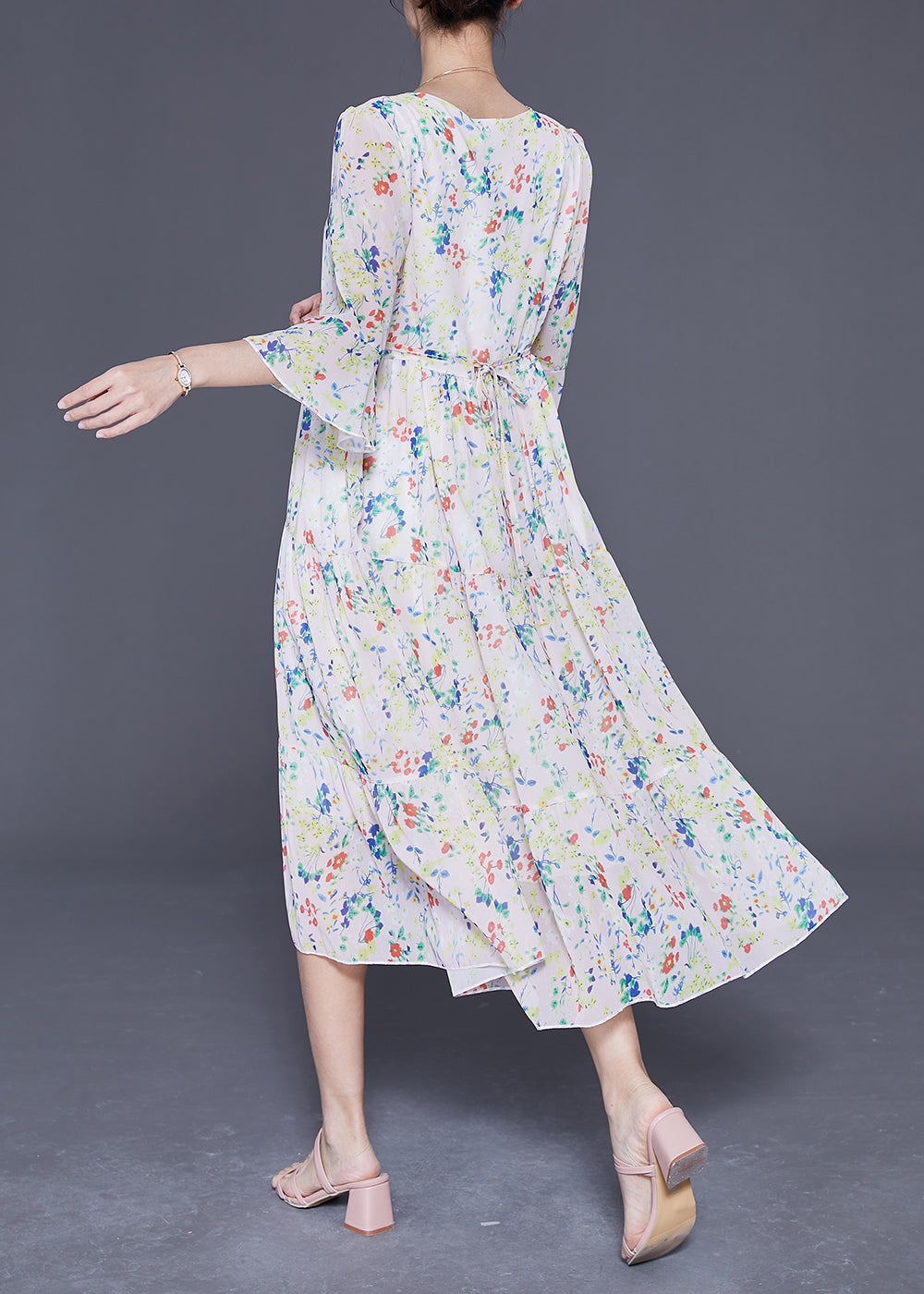 Elegant Apricot V Neck Print Exra Large Hem Chiffon Dress Flare Sleeve LY3692 - fabuloryshop