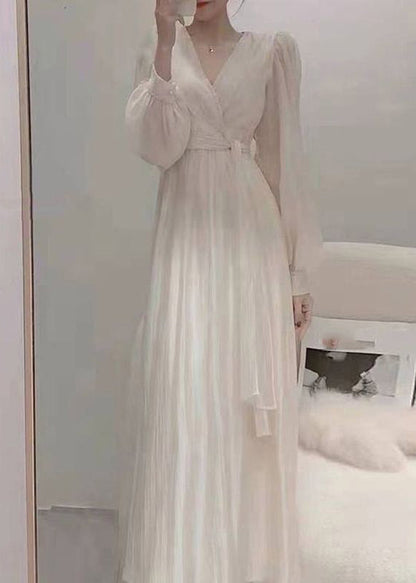 Elegant Apricot V Neck Tie Waist Chiffon Long Dress Spring TI1016 - fabuloryshop