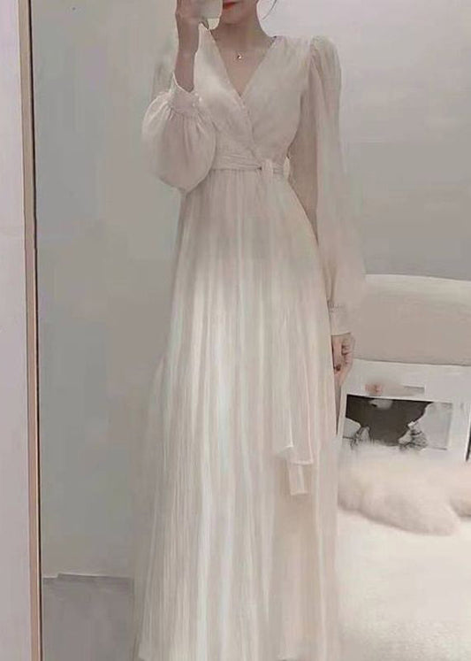 Elegant Apricot V Neck Tie Waist Chiffon Long Dress Spring TI1016 - fabuloryshop