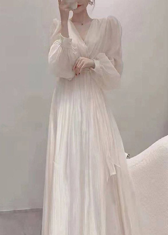 Elegant Apricot V Neck Tie Waist Chiffon Long Dress Spring TI1016 - fabuloryshop