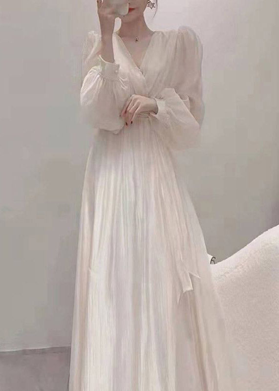 Elegant Apricot V Neck Tie Waist Chiffon Long Dress Spring LY4520 - fabuloryshop