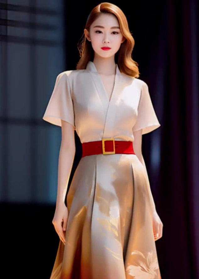 Elegant Beige Blouses And Red Skirts Patchwork Silk Sets 2 Pieces Summer Ada Fashion
