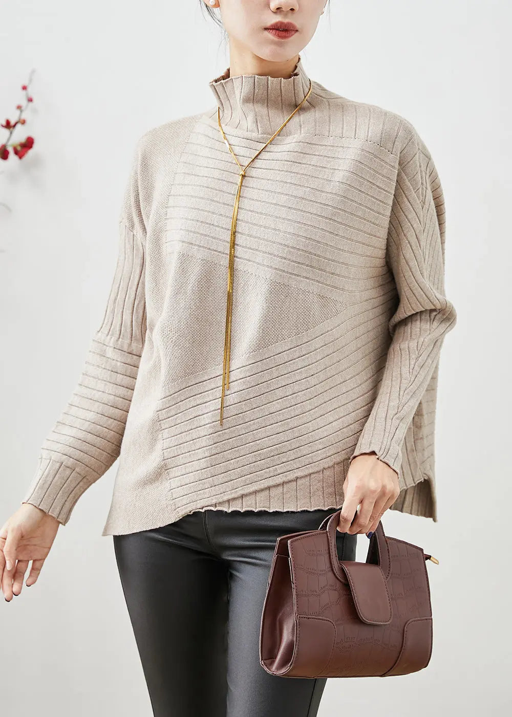 Elegant Beige High Neck Asymmetrical Knit Sweater Fall Ada Fashion