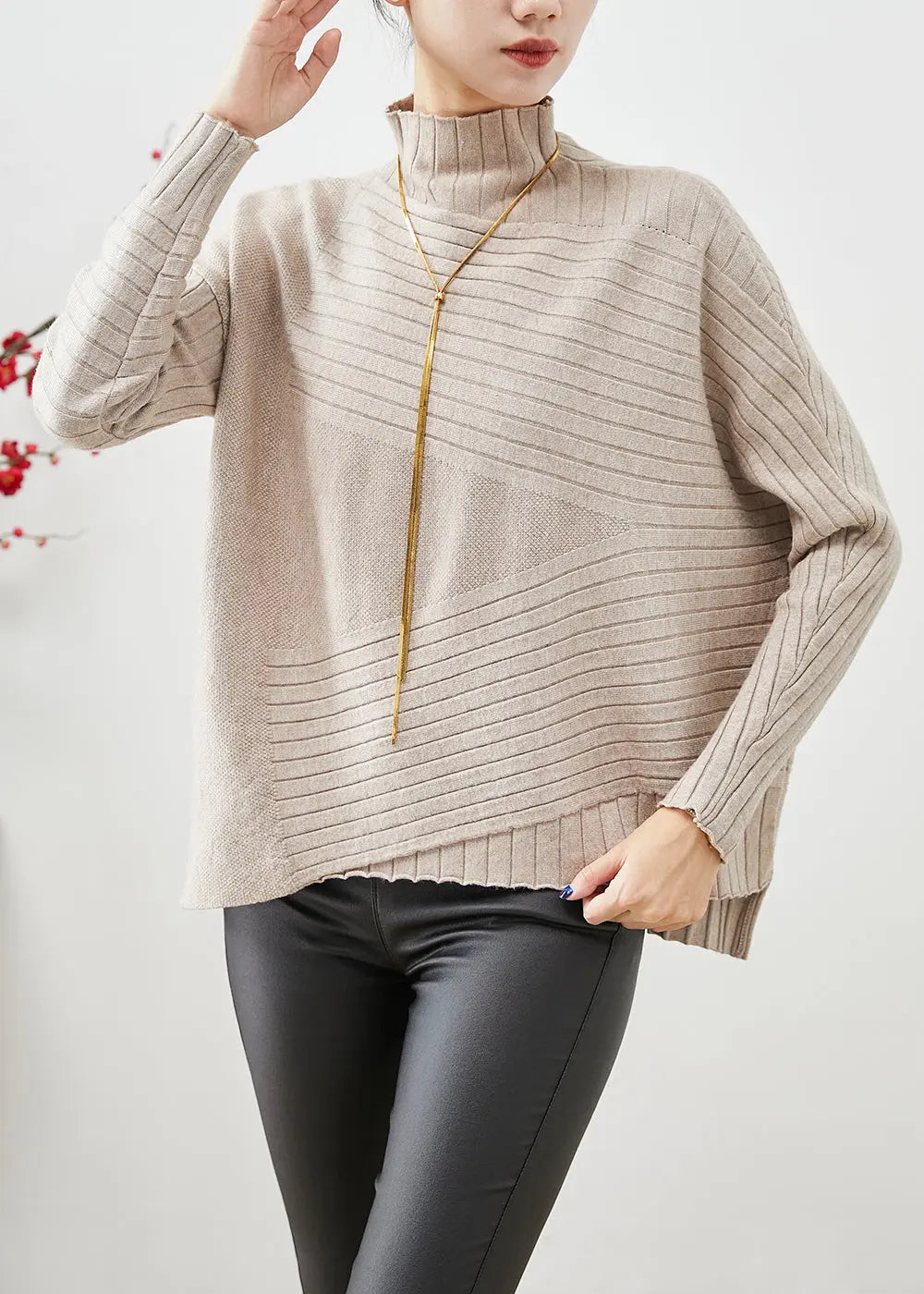 Elegant Beige High Neck Asymmetrical Knit Sweater Fall Ada Fashion