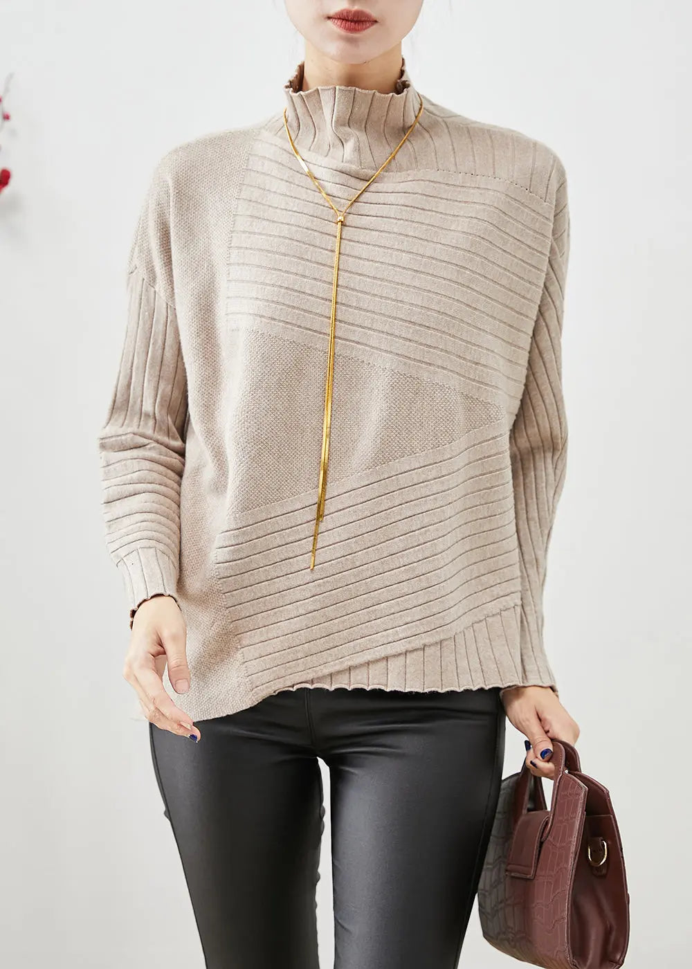 Elegant Beige High Neck Asymmetrical Knit Sweater Fall Ada Fashion