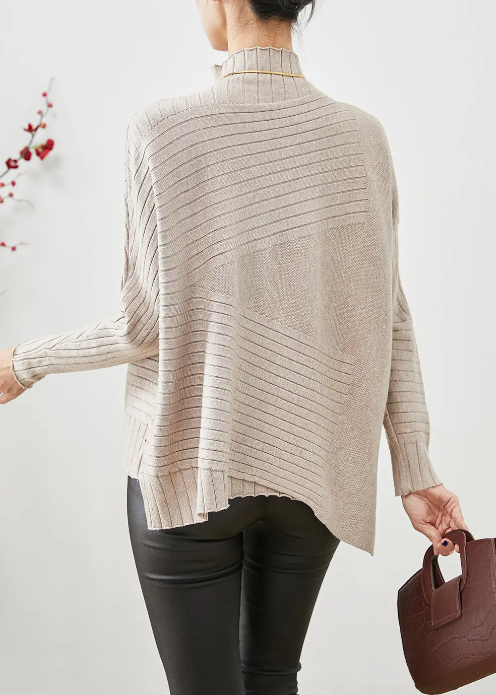 Elegant Beige High Neck Asymmetrical Knit Sweater Fall Ada Fashion