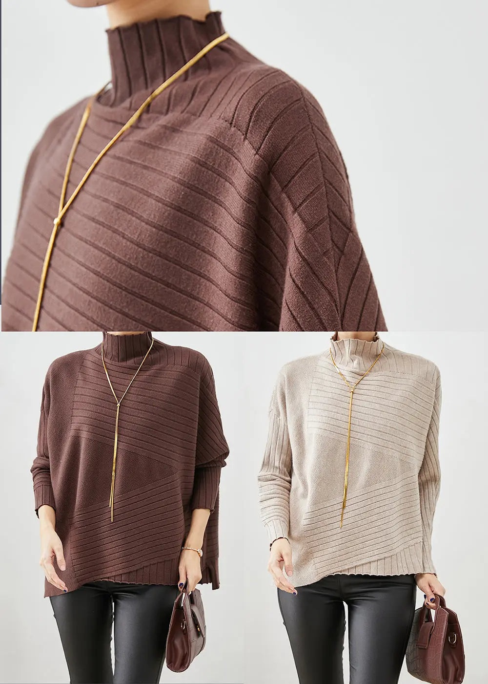 Elegant Beige High Neck Asymmetrical Knit Sweater Fall Ada Fashion