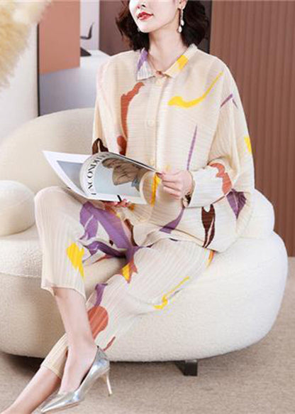 Elegant Beige Oversized Print Wrinkled Two Pieces Set Batwing Sleeve LY2795 - fabuloryshop