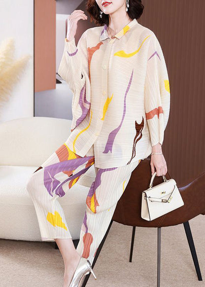 Elegant Beige Oversized Print Wrinkled Two Pieces Set Batwing Sleeve LY2795 - fabuloryshop