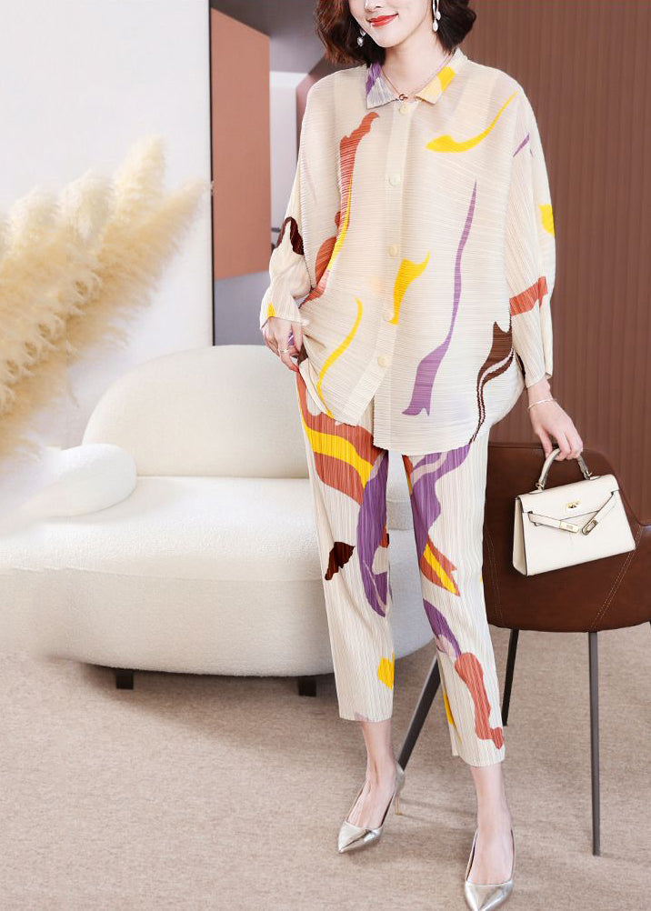 Elegant Beige Oversized Print Wrinkled Two Pieces Set Batwing Sleeve LY2795 - fabuloryshop