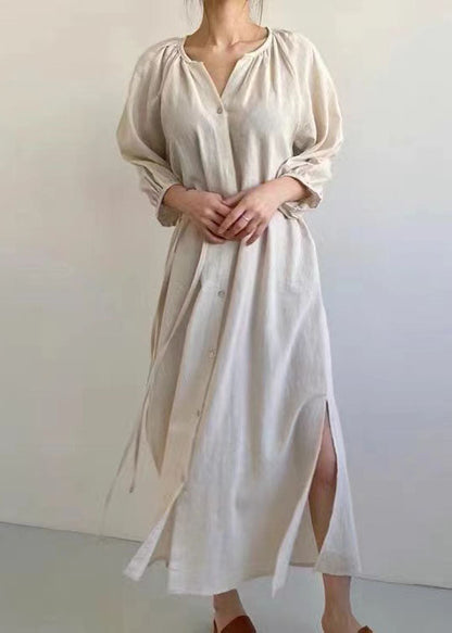 Elegant Beige Oversized Side Open Tie Waist Cotton Dress Bracelet Sleeve LY1322 - fabuloryshop