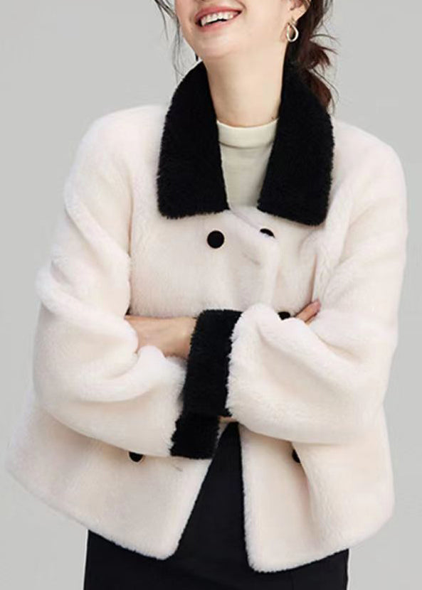 Elegant Beige Peter Pan Collar Pockets Patchwork Wool Outwear Winter Ada Fashion