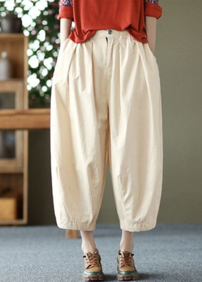 Elegant Beige Pockets Wrinkled Patchwork Linen Crop Pants Summer LY0621 - fabuloryshop