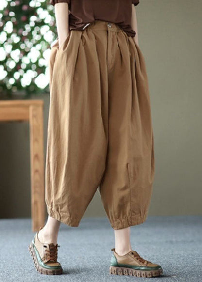 Elegant Beige Pockets Wrinkled Patchwork Linen Crop Pants Summer LY0621 - fabuloryshop