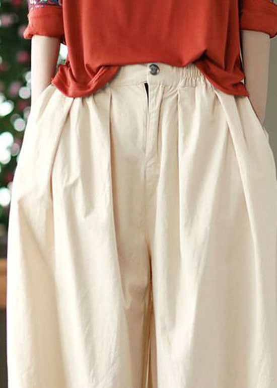 Elegant Beige Pockets Wrinkled Patchwork Linen Crop Pants Summer LY0621