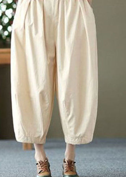 Elegant Beige Pockets Wrinkled Patchwork Linen Crop Pants Summer LY0621 - fabuloryshop