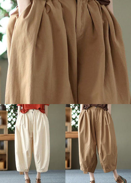 Elegant Beige Pockets Wrinkled Patchwork Linen Crop Pants Summer LY0621 - fabuloryshop