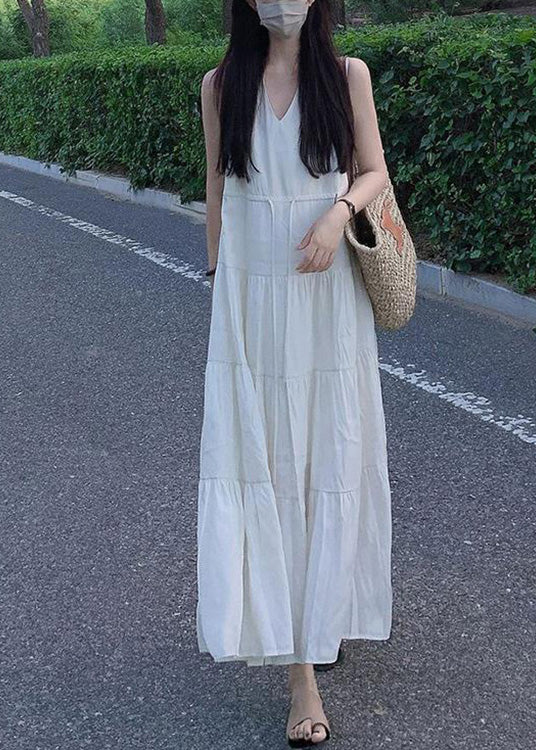 Elegant Beige V Neck Patchwork Vacation Solid Chiffon Long Dresses Summer LC0063 - fabuloryshop