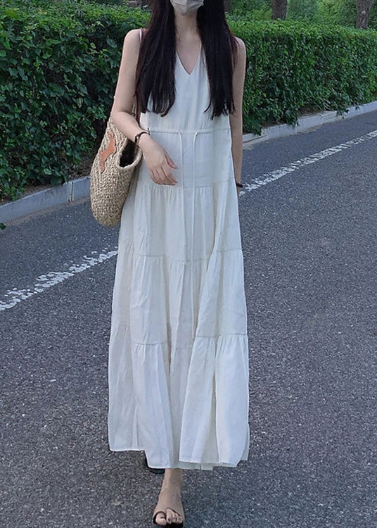 Elegant Beige V Neck Patchwork Vacation Solid Chiffon Long Dresses Summer LC0063 - fabuloryshop