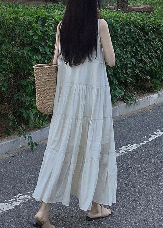 Elegant Beige V Neck Patchwork Vacation Solid Chiffon Long Dresses Summer LC0063