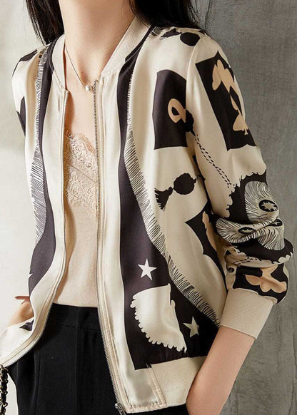 Elegant Beige V Neck Zippered Patchwork Print Silk Coat Spring LY0083 - fabuloryshop