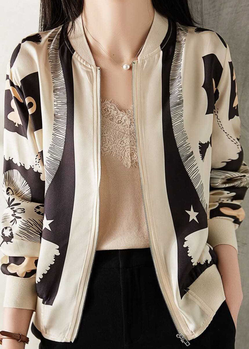 Elegant Beige V Neck Zippered Patchwork Print Silk Coat Spring LY0083 - fabuloryshop