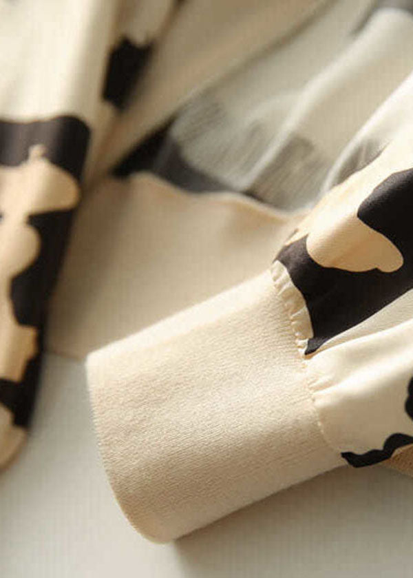 Elegant Beige V Neck Zippered Patchwork Print Silk Coat Spring LY0083 - fabuloryshop