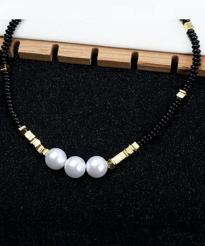 Elegant Black Alloy Pearl Beading Gratuated Bead Necklace Ada Fashion