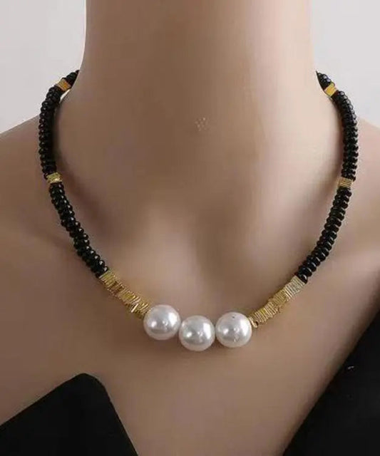 Elegant Black Alloy Pearl Beading Gratuated Bead Necklace Ada Fashion