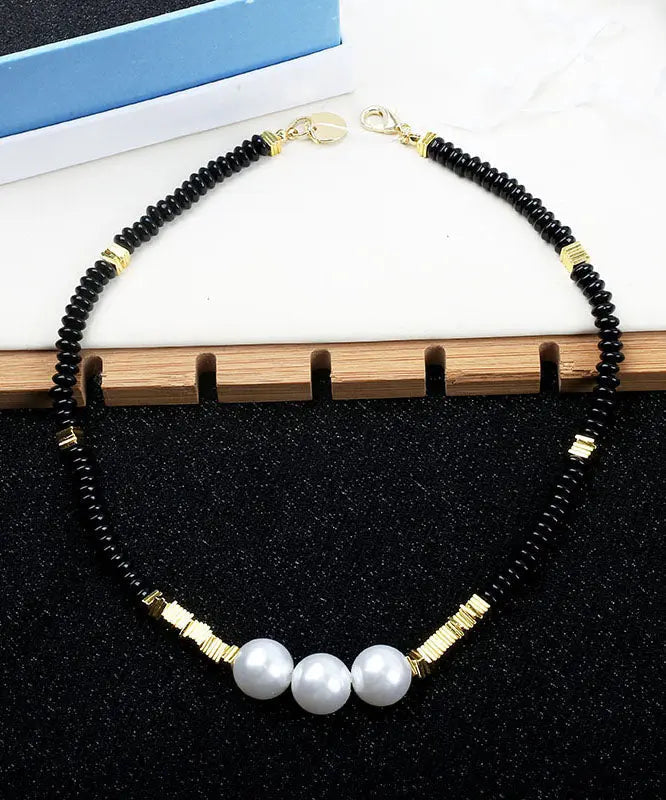 Elegant Black Alloy Pearl Beading Gratuated Bead Necklace Ada Fashion