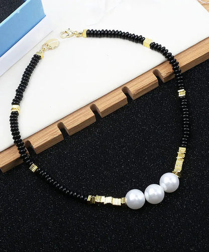 Elegant Black Alloy Pearl Beading Gratuated Bead Necklace Ada Fashion