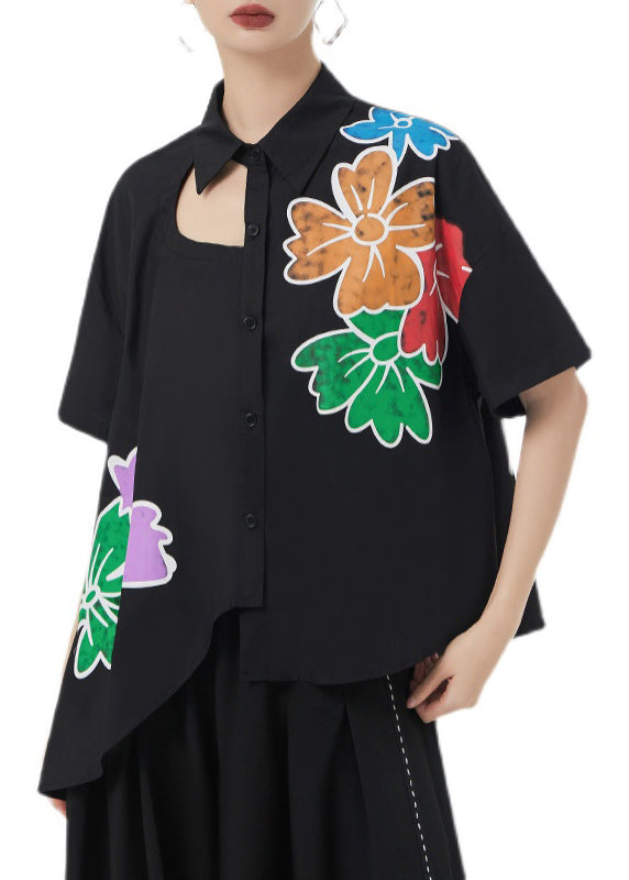 Elegant Black Asymmetrical Print Patchwork Cotton Shirts Short Sleeve Ada Fashion