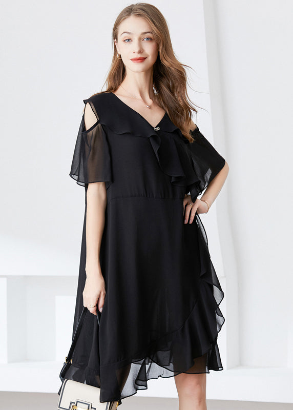 Elegant Black Cold Shoulder Ruffles Chiffon Maxi Dresses Summer LY0332 - fabuloryshop