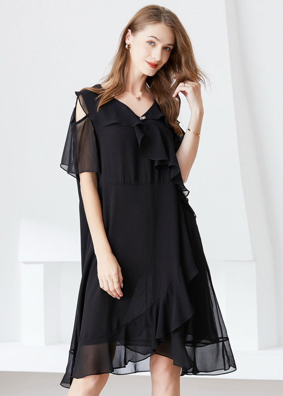 Elegant Black Cold Shoulder Ruffles Chiffon Maxi Dresses Summer LY0332 - fabuloryshop