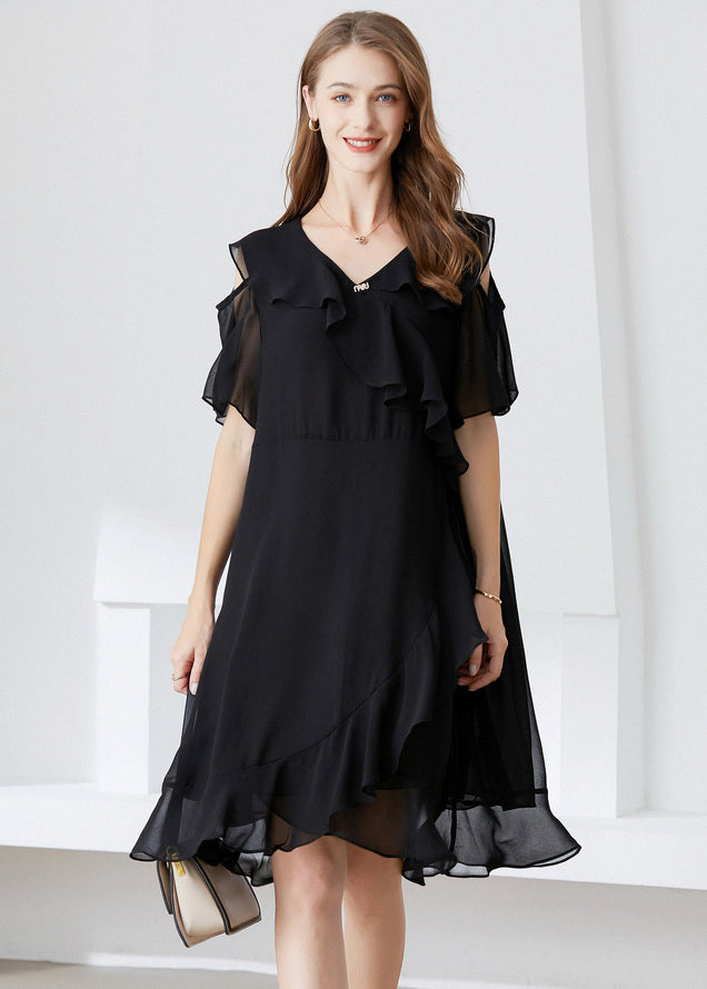 Elegant Black Cold Shoulder Ruffles Chiffon Maxi Dresses Summer LY0332 - fabuloryshop