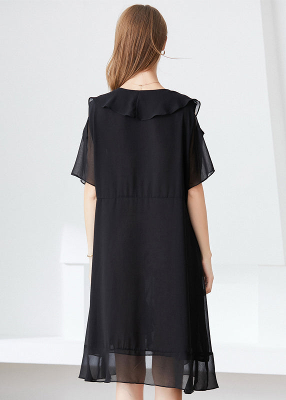 Elegant Black Cold Shoulder Ruffles Chiffon Maxi Dresses Summer LY0332 - fabuloryshop