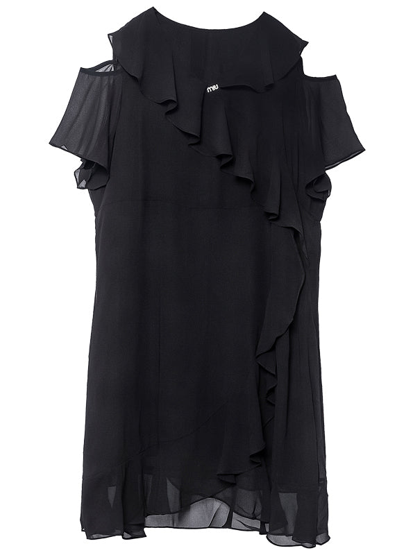 Elegant Black Cold Shoulder Ruffles Chiffon Maxi Dresses Summer LY0332 - fabuloryshop