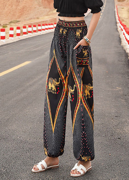 Elegant Black Elastic Waist Print Lantern Pants Summer LY0200 - fabuloryshop