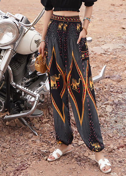 Elegant Black Elastic Waist Print Lantern Pants Summer LY0200 - fabuloryshop